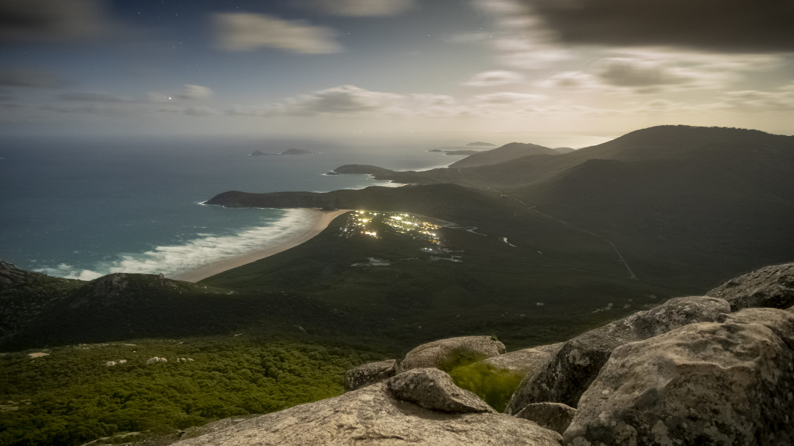 Moonset over Tidal River in Wilsons Promontory National Park in Victoria, Australia