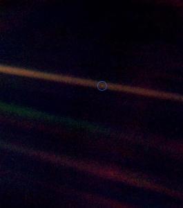 photograph of planet Earth taken on February 14, 1990, by the Voyager 1 space probe from a record distance of about 6 billion kilometers