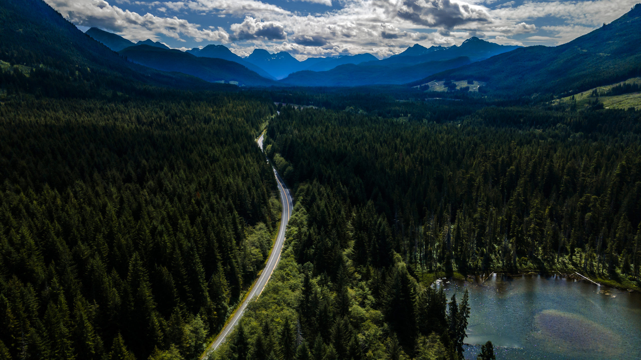 Highway cutting through the Rainforest on Vancouver Island BC Canada